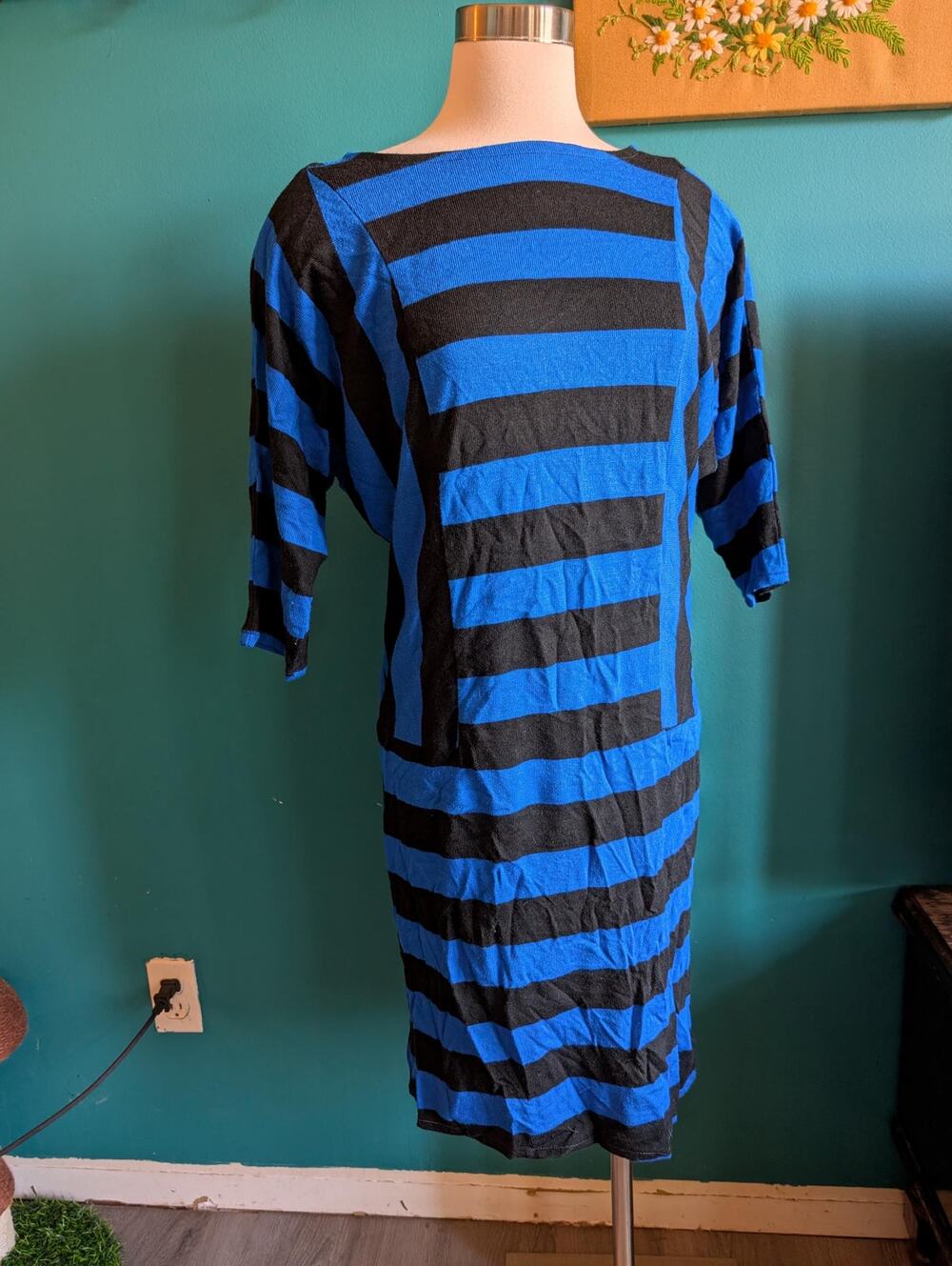 Vintage 80s Striped Sweater Dress Midi Drop Waist in Blue and Black